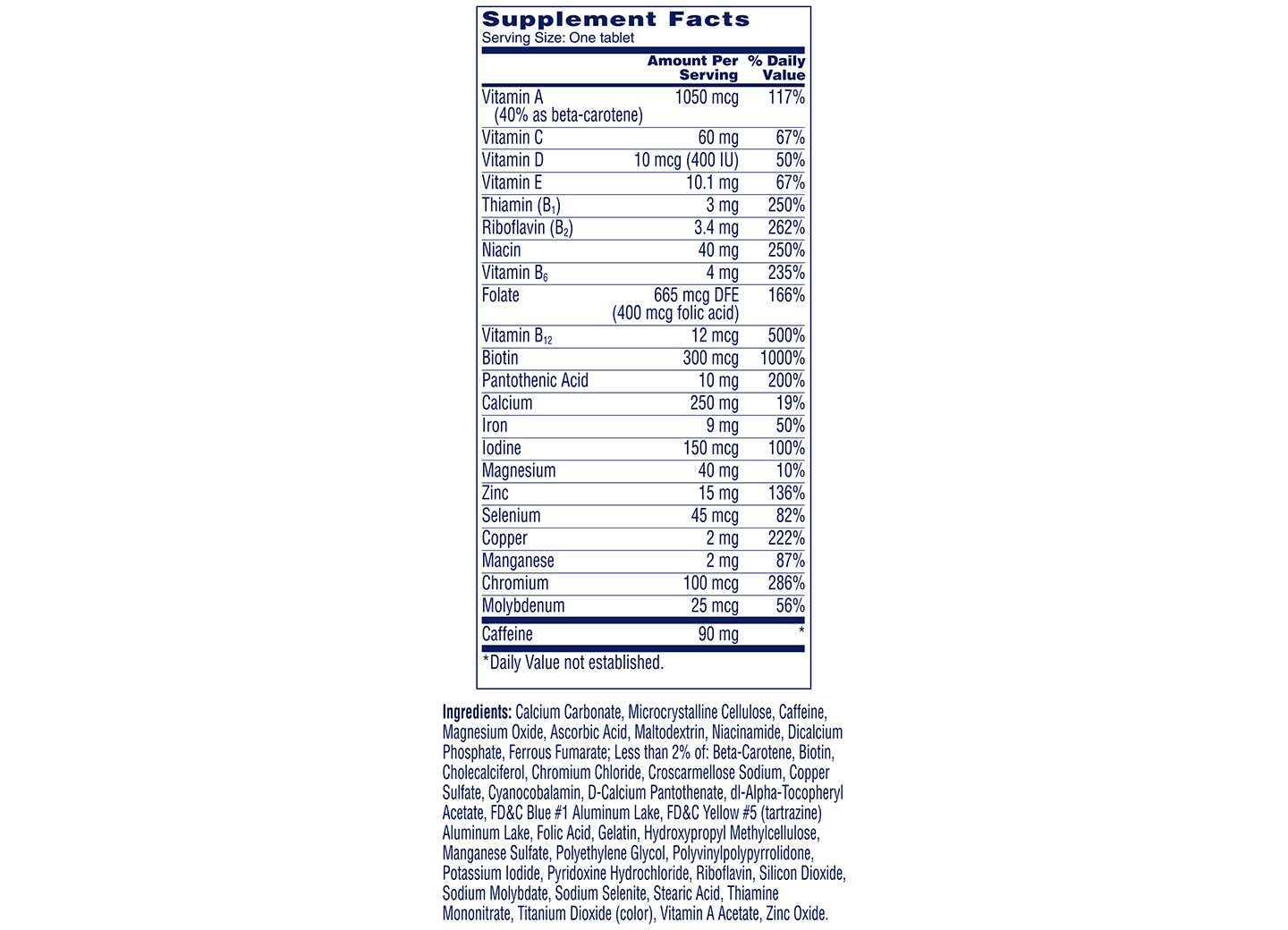 energy multivitamin nutritional facts
